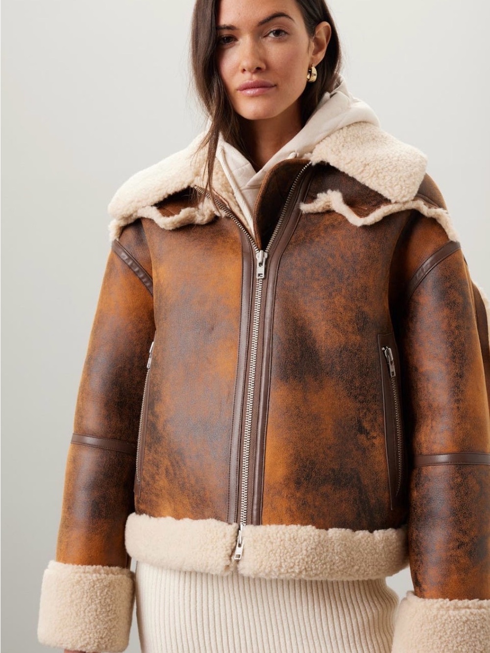 Stand Studio Brown Leather Aviator Jacket with Cream Shearling